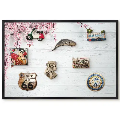 Tableau magnétique décoratif avec cadre motif branches de cerisier sur fond bois