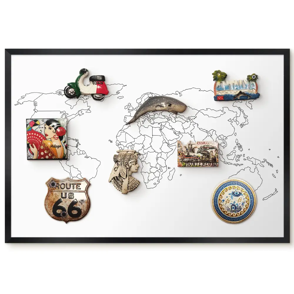 Tableau magnétique décoratif Carte du monde noir et blanc sans fond