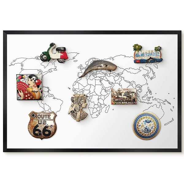 Tableau magnétique décoratif Carte du monde noir et blanc sans fond