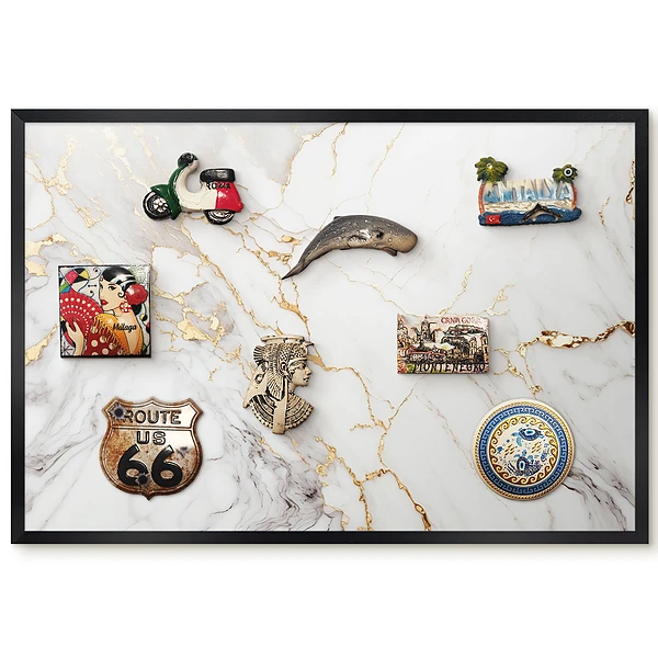 Tableau magnétique décoratif avec cadre motif marbre blanc veiné de jaune