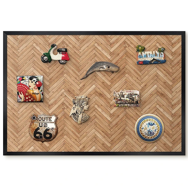 Tableau magnétique décoratif avec cadre motif géométrique à chevrons et bois chaleureux