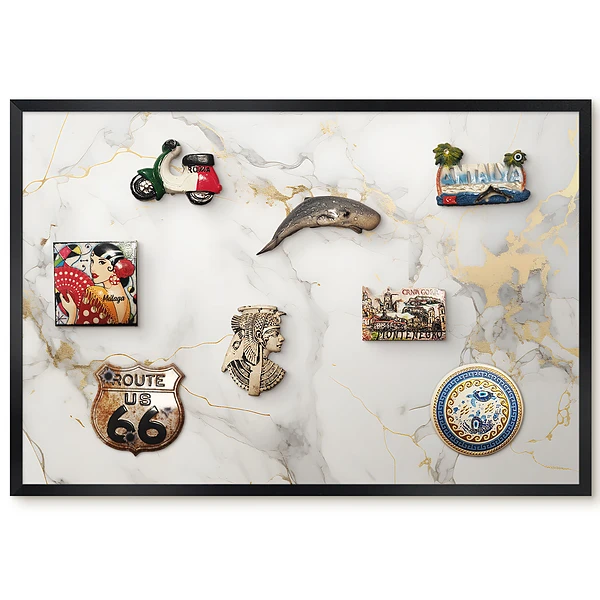 Tableau magnétique pour aimants fond blanc avec motifs gris et touches de jaune