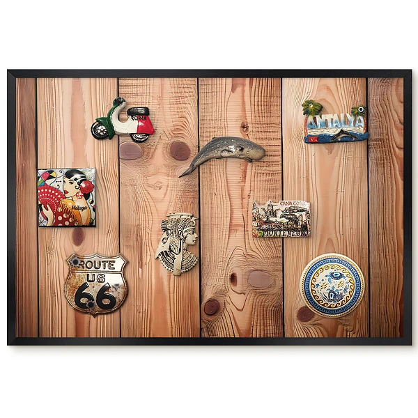 Tableau magnétique en bois rustique aux tons chauds pour collection d'aimants