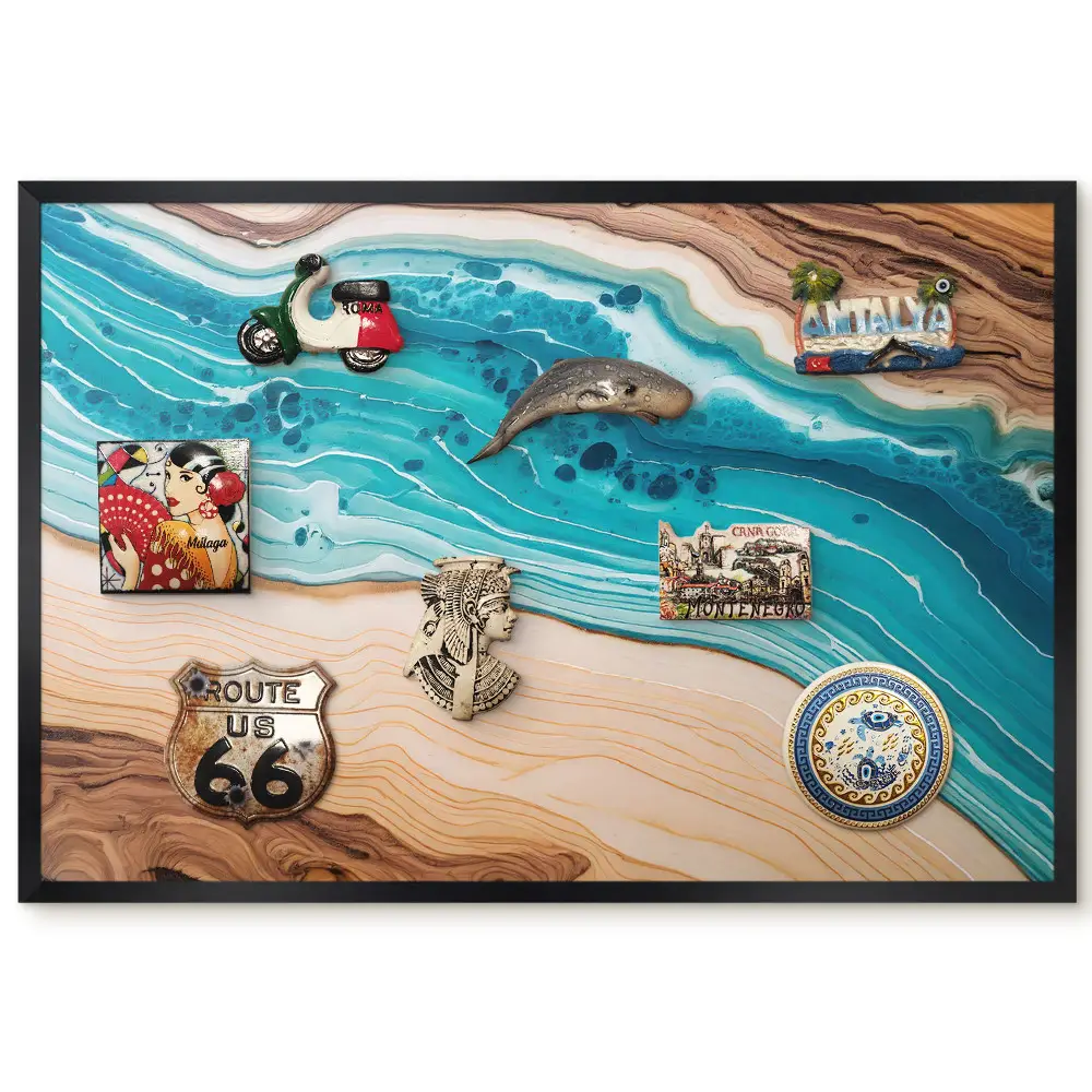 Tableau magnétique décoratif avec cadre motif couches de brun et de turquoise