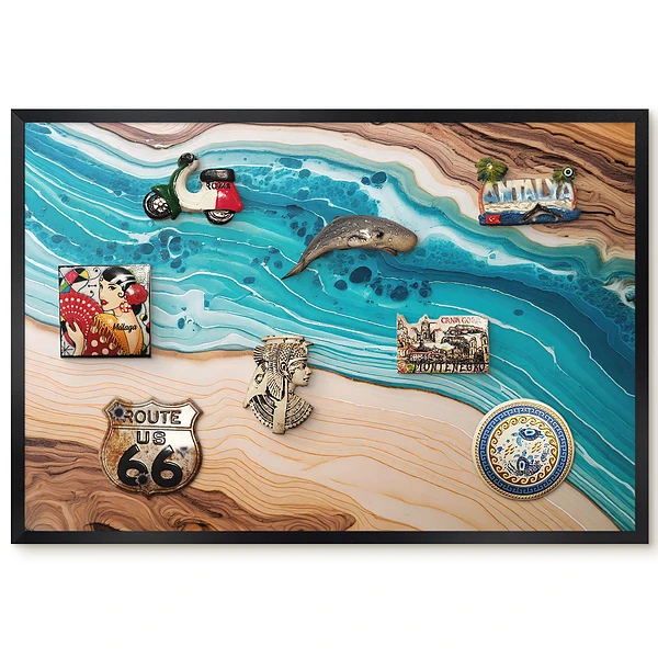 Tableau magnétique décoratif avec cadre motif couches de brun et de turquoise