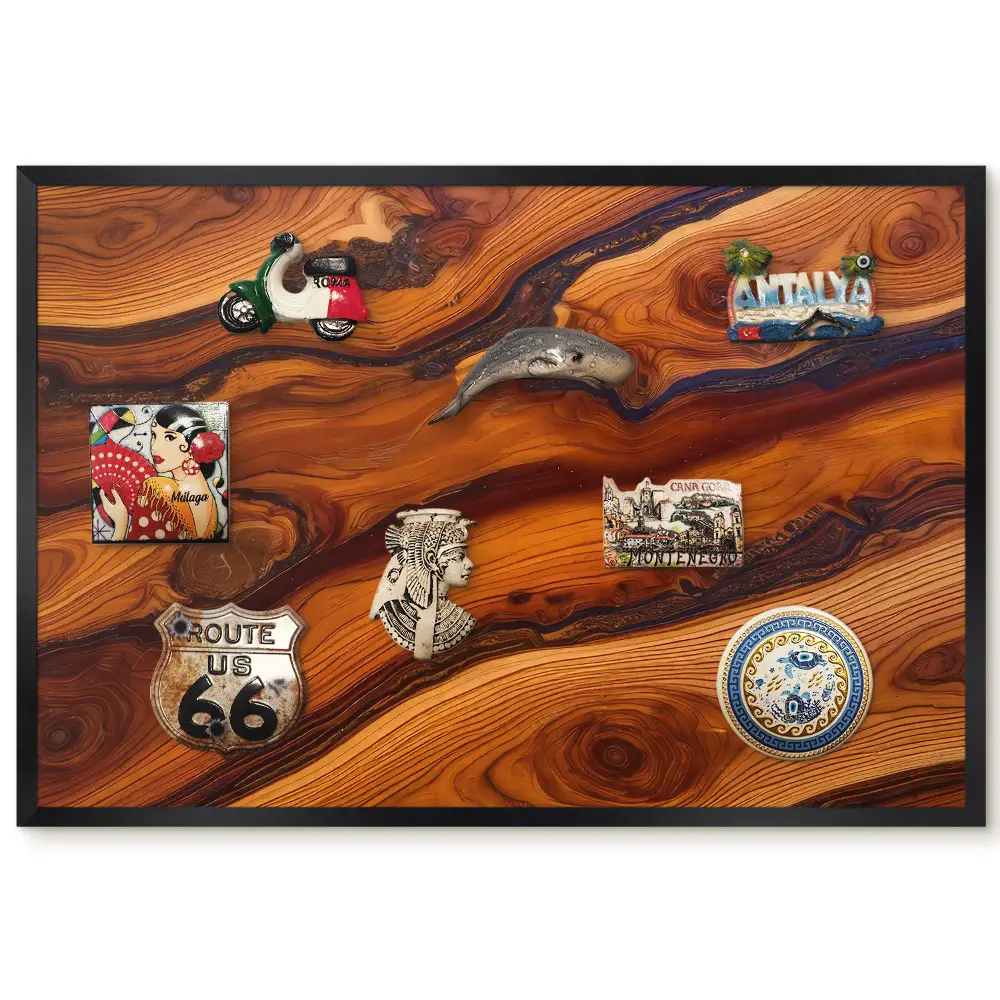 Tableau magnétique décoratif avec cadre effet bois brun