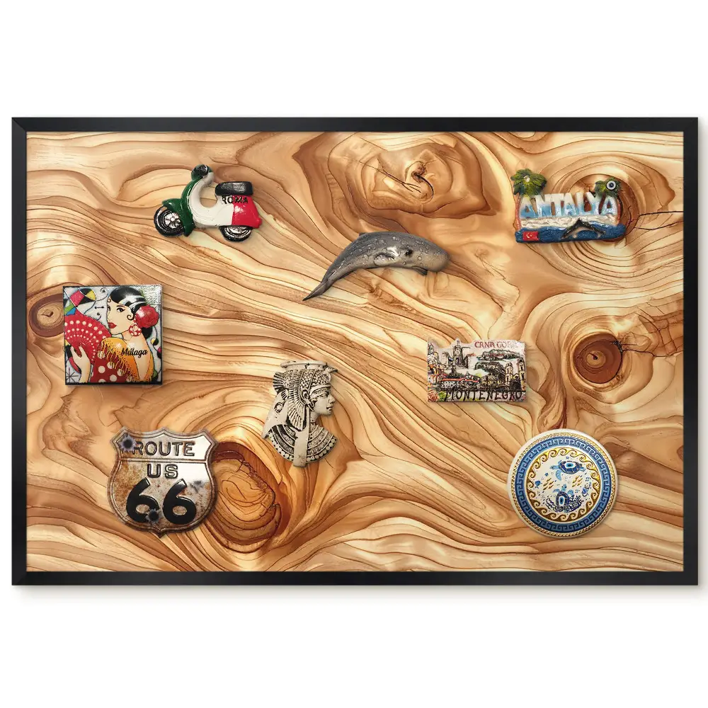 Tableau pour collection d'aimants en bois aux formes organiques et couleurs chaudes