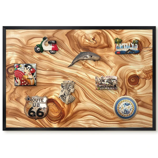 Tableau pour collection d'aimants en bois aux formes organiques et couleurs chaudes