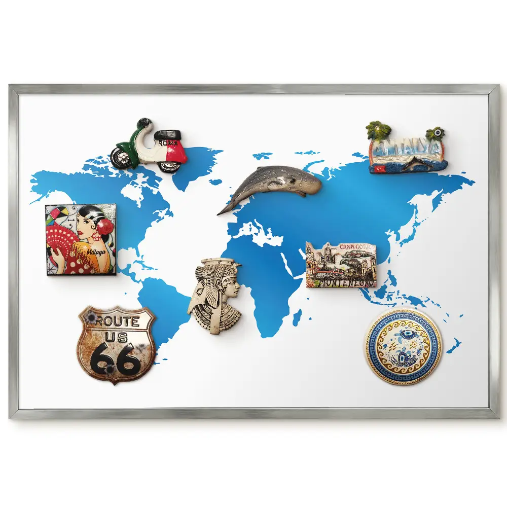 Panneau pour aimants souvenirs Carte du monde en nuances de bleu