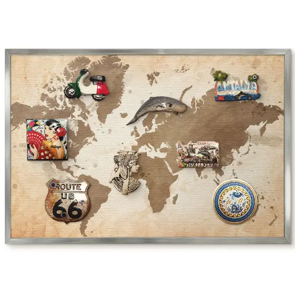 Tableau magnétique encadré Carte du monde vintage marron