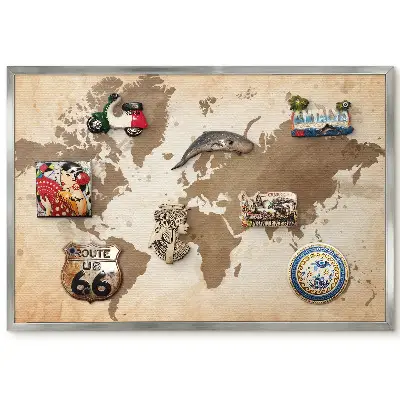 Tableau magnétique encadré Carte du monde vintage marron