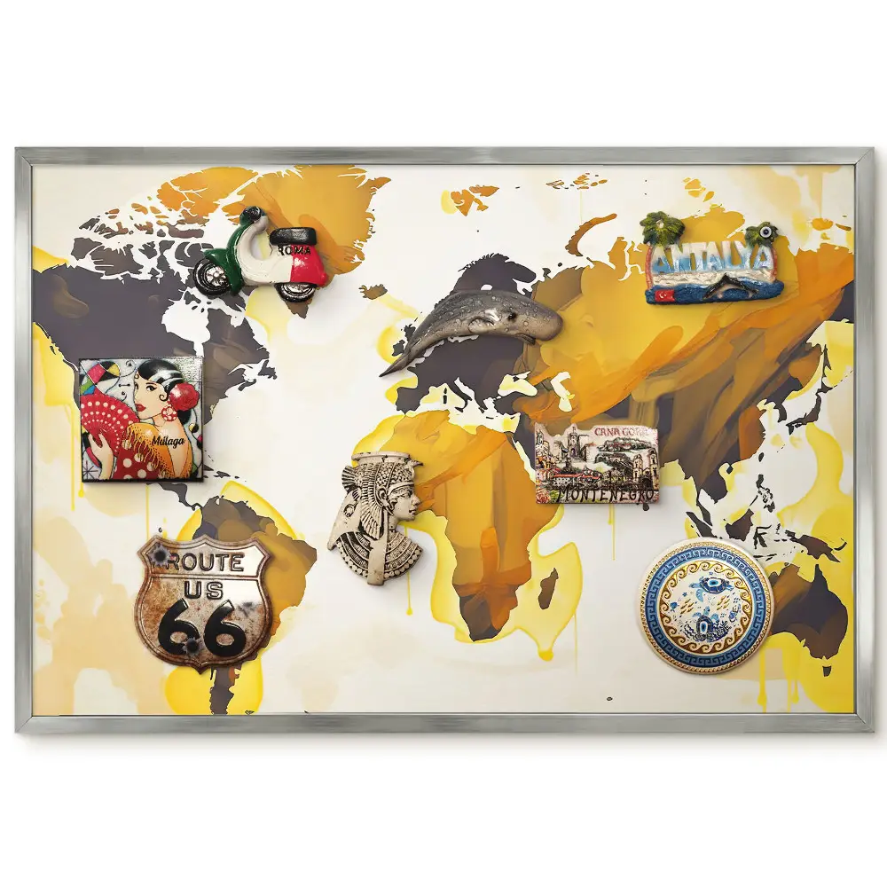 Tableau magnétique encadré Carte du monde abstraite tons jaunes