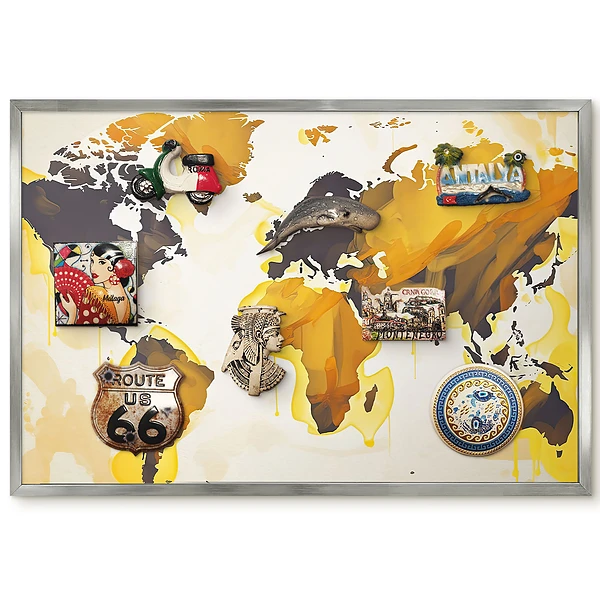 Tableau magnétique encadré Carte du monde abstraite tons jaunes