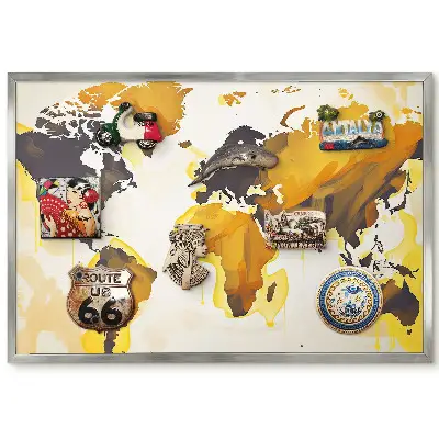 Tableau magnétique encadré Carte du monde abstraite tons jaunes