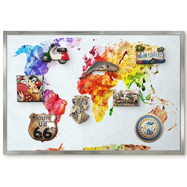 Tableau magnétique carte du monde encadré motif aquarelle colorée