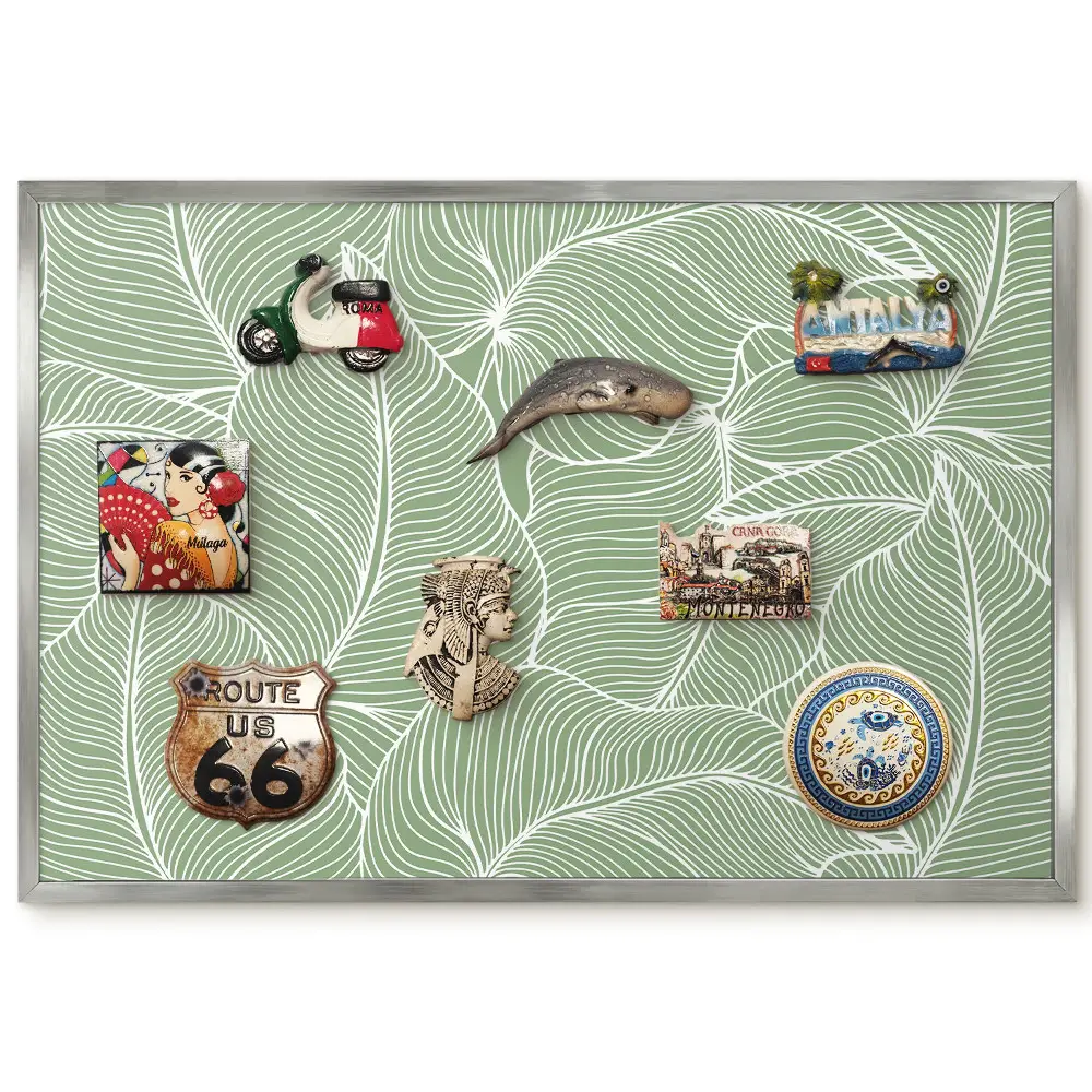 Tableau magnétique encadré motif feuilles vert