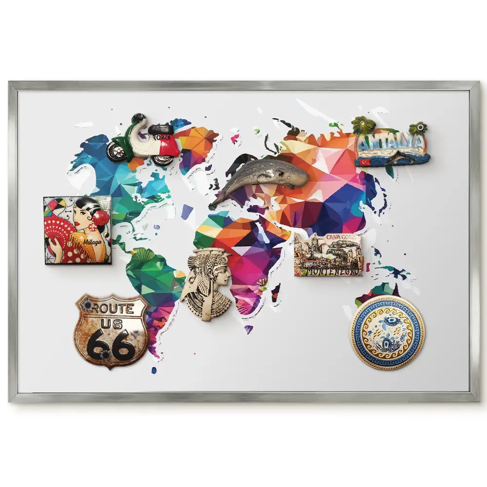 Panneau pour aimants souvenirs carte du monde géométrique colorée