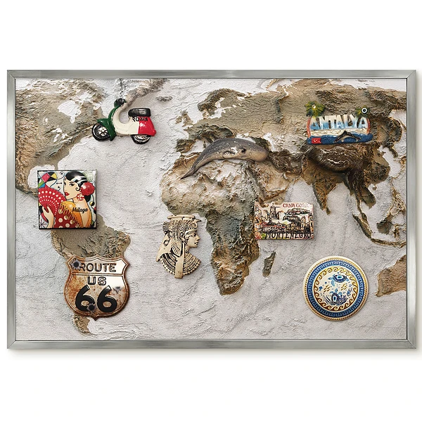 Carte du monde en relief magnétique avec cadre aux couleurs terreuses