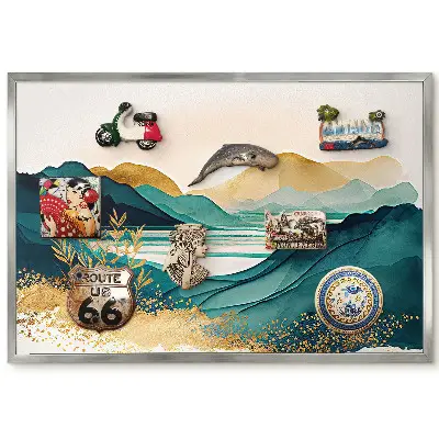 Tableau magnétique encadré motif Collines turquoise avec touches de jaune