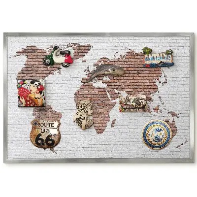 Panneau magnétique décoratif motif carte du monde sur mur de briques