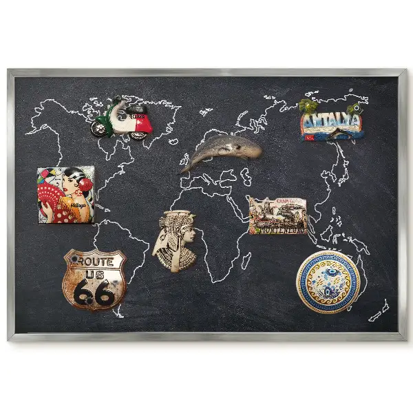 Tableau magnétique encadré carte du monde sur fond sombre