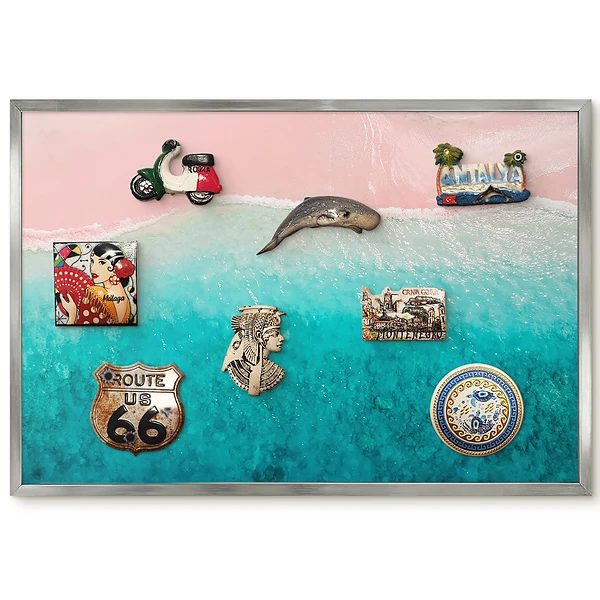 Panneau pour aimants souvenirs motif sable rose et vagues turquoise atmosphère idyllique