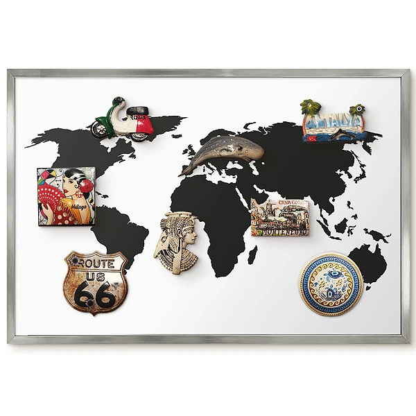 Tableau magnétique avec cadre Carte du monde élégante en noir et blanc contours