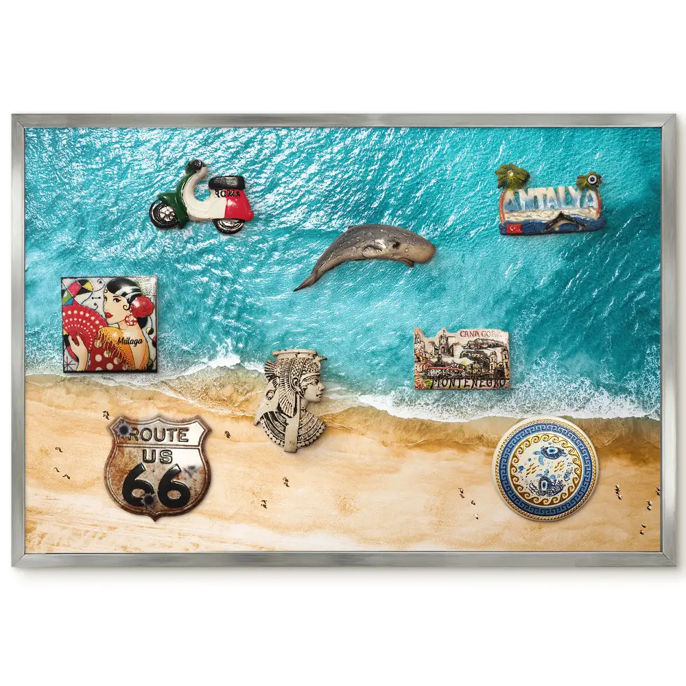 Tableau magnétique encadré Eau turquoise et vagues sur plage de sable