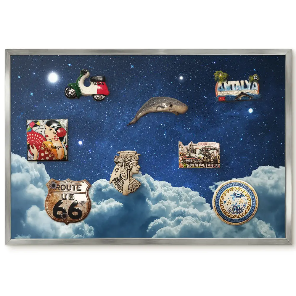 Tableau magnétique encadré représentant un ciel nocturne étoilé au-dessus des nuages