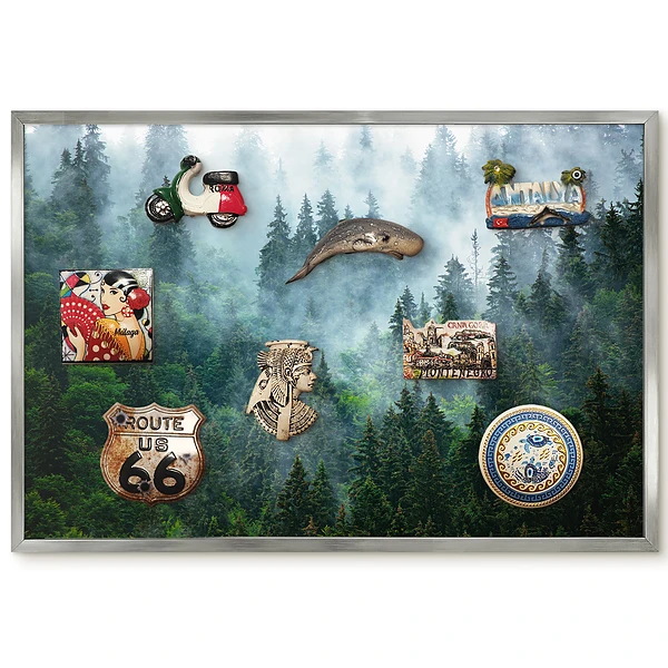 Tableau magnétique encadré représentant une forêt dense dans le brouillard avec de la verdure et de la lumière