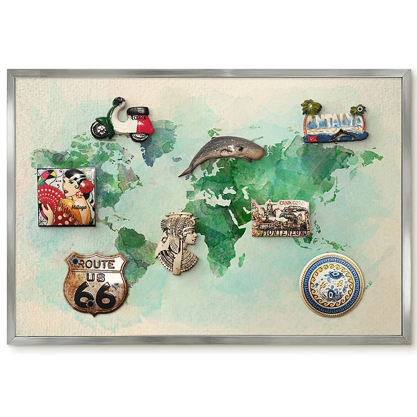 Panneau magnétique décoratif Carte du monde aquarelle tons verts