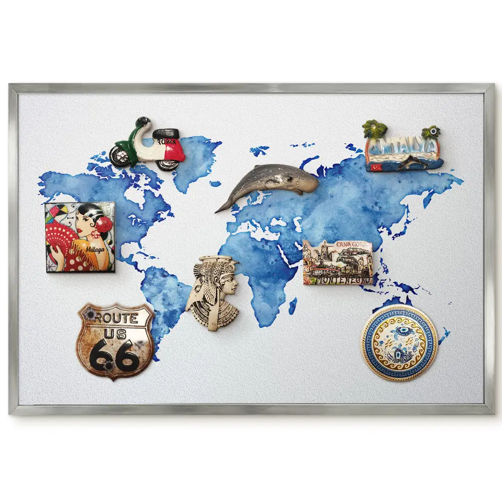 Tableau magnétique encadré carte du monde aquarelle bleue
