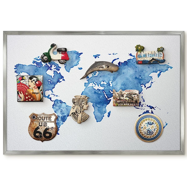 Tableau magnétique encadré carte du monde aquarelle bleue