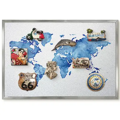 Tableau magnétique encadré carte du monde aquarelle bleue