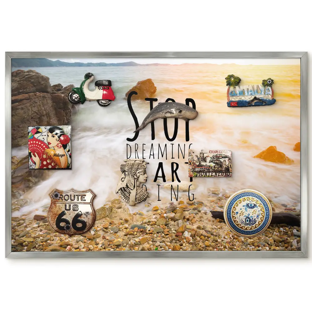 Tableau magnétique encadré Rochers et vagues avec inscription motivante