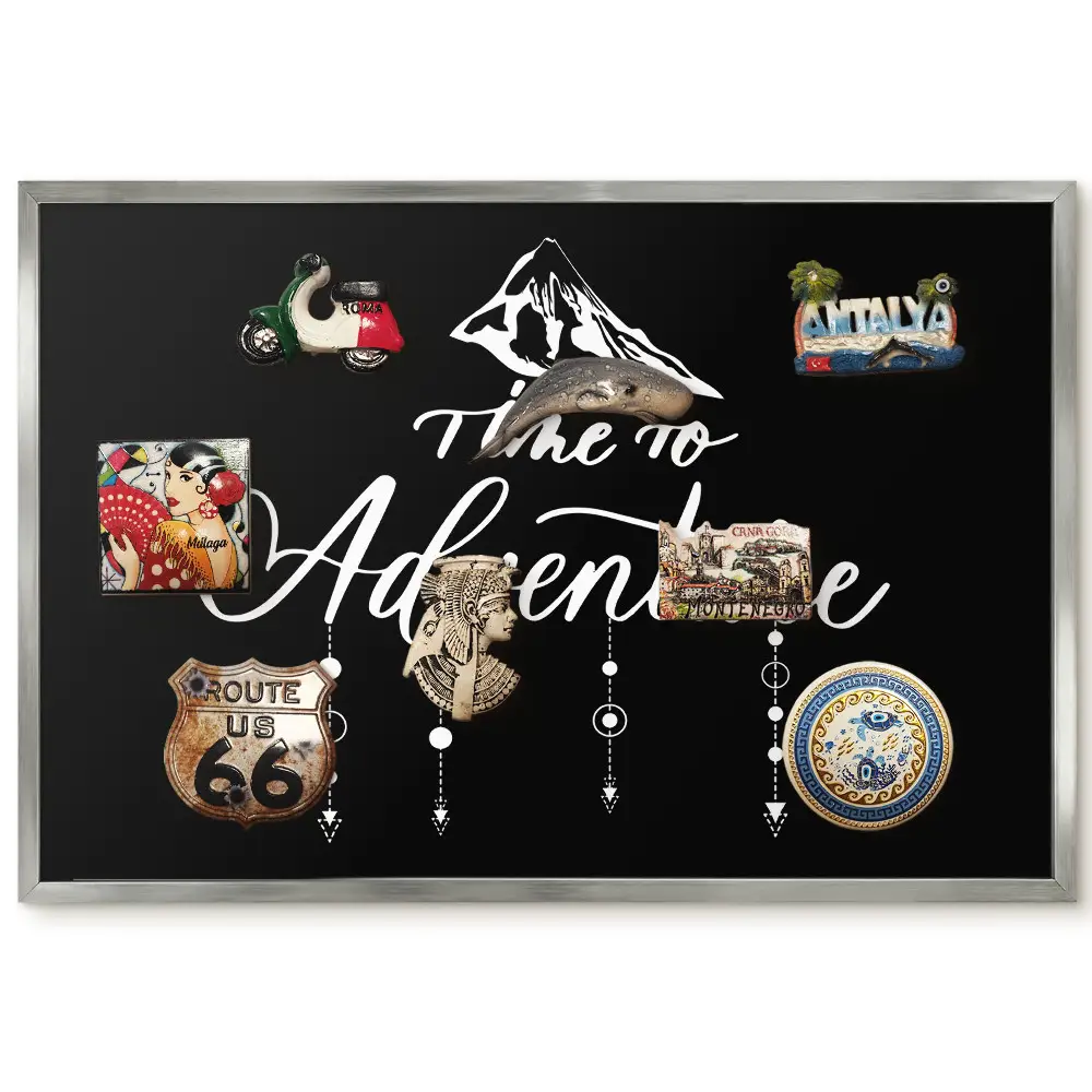 Panneau décoratif pour aimants souvenirs avec slogan et motif de montagne sur fond noir