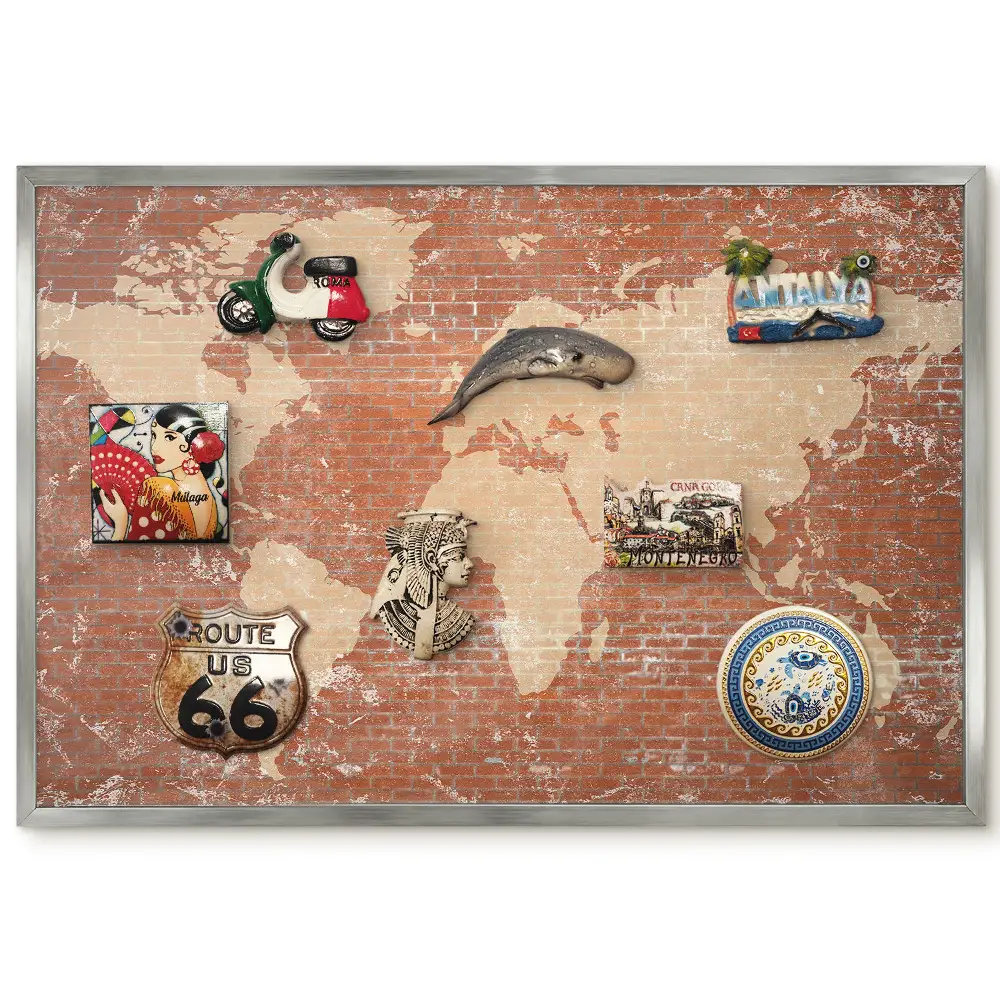 Panneau décoratif pour aimants souvenirs avec carte du monde sur fond effet briques style industriel