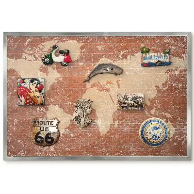 Panneau décoratif pour aimants souvenirs avec carte du monde sur fond effet briques style industriel