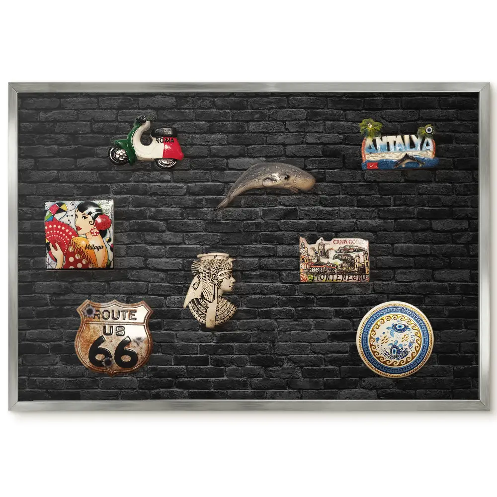 Tableau magnétique encadré motif mur en briques noires brutes