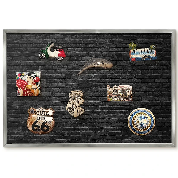 Tableau magnétique encadré motif mur en briques noires brutes