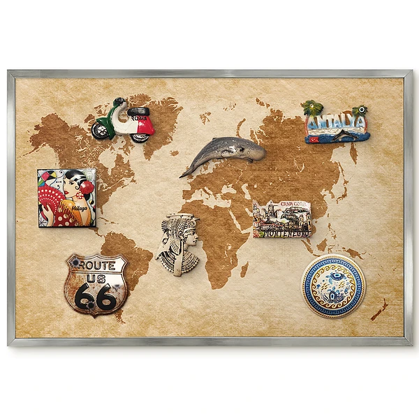 Panneau pour aimants souvenirs Carte du monde élégante dans des tons de brun
