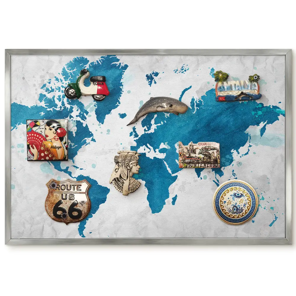 Tableau magnétique encadré carte du monde aquarelle sur fond bleu