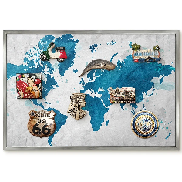 Tableau magnétique encadré carte du monde aquarelle sur fond bleu