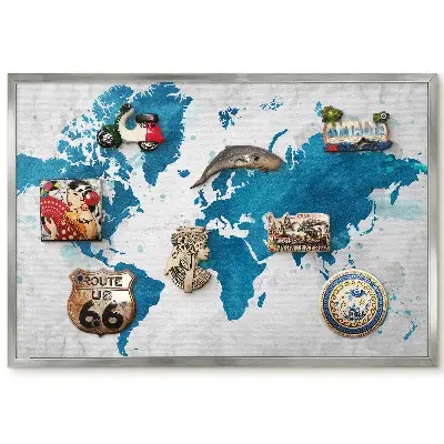 Tableau magnétique encadré carte du monde aquarelle sur fond bleu