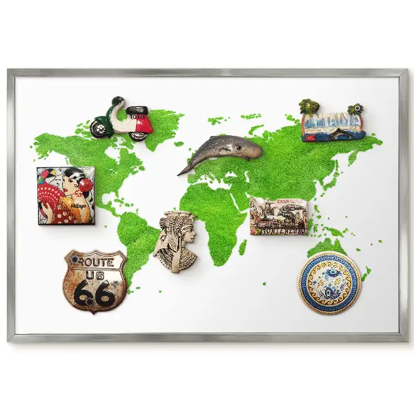 Tableau magnétique carte du monde encadré avec fond blanc et motif vert