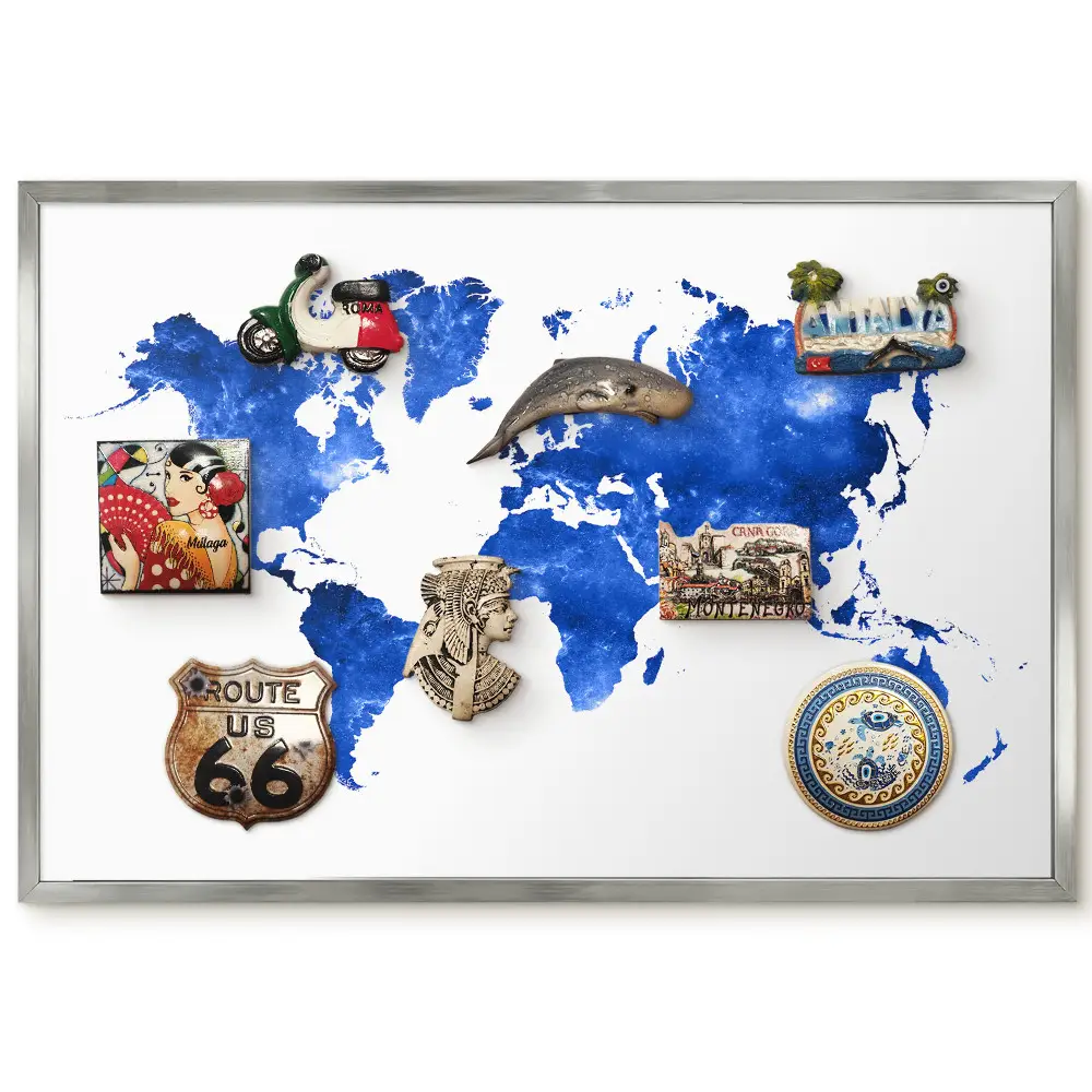 Panneau magnétique décoratif carte du monde artistique sur fond bleu