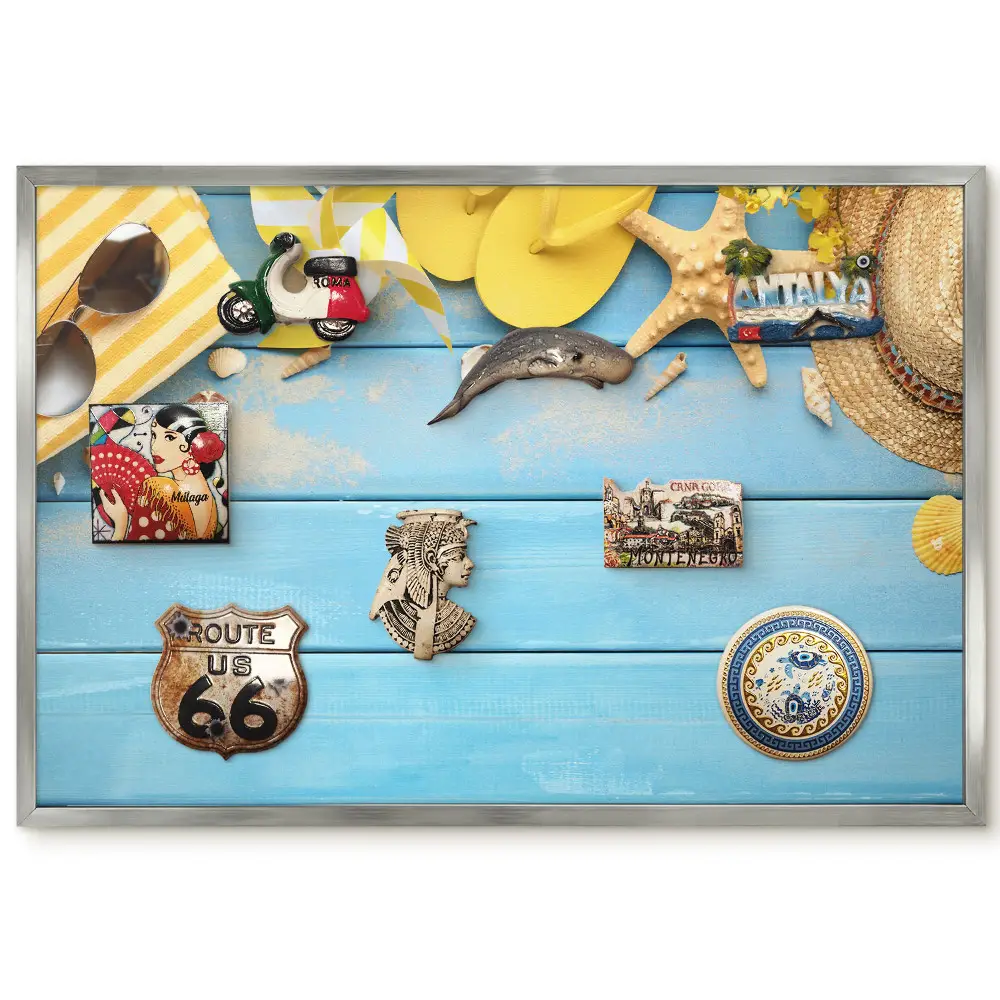 Tableau magnétique encadré Scène d'été avec cadre en bois bleu