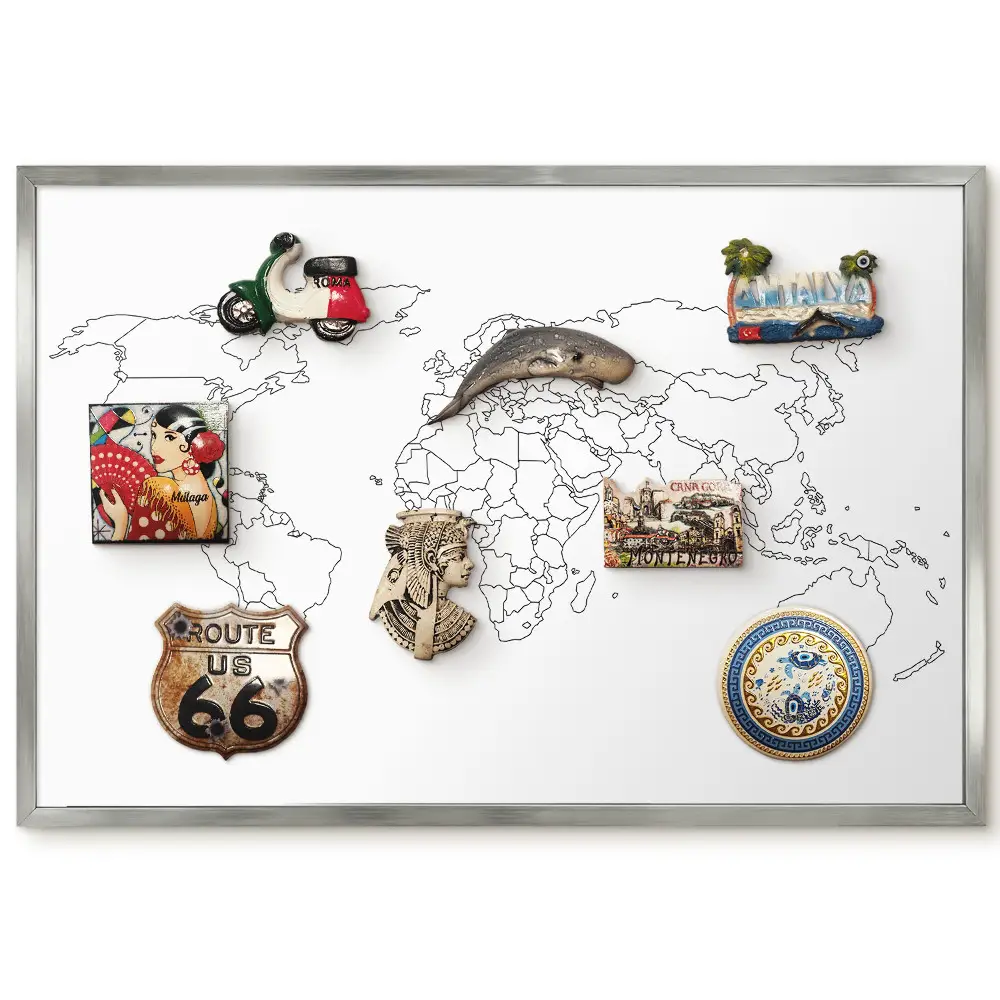 Tableau magnétique carte du monde encadré en noir et blanc sans arrière-plan