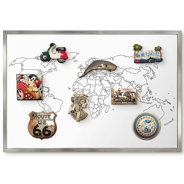 Tableau magnétique carte du monde encadré en noir et blanc sans arrière-plan