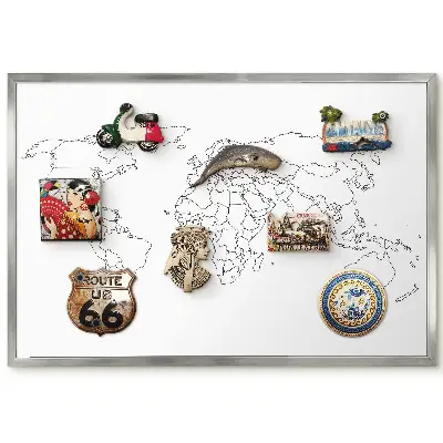 Tableau magnétique carte du monde encadré en noir et blanc sans arrière-plan